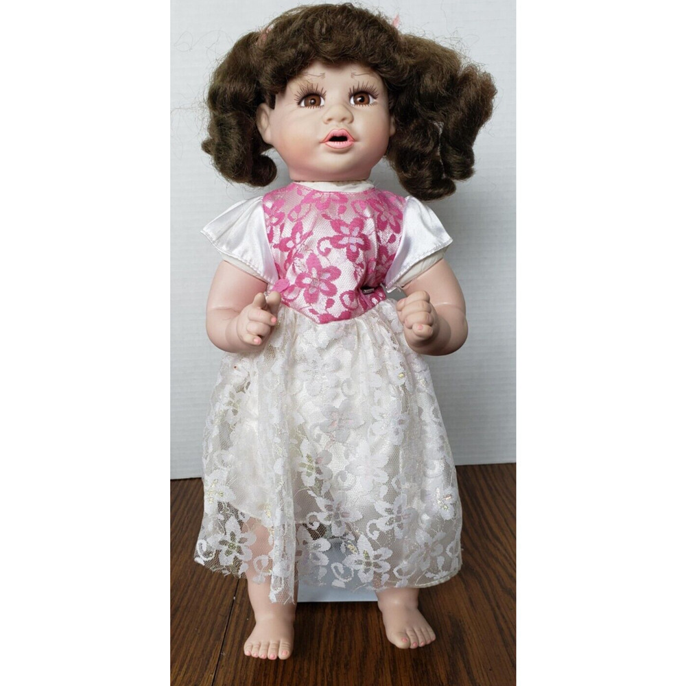 Dark Hared Brown Eyed Girl In White Outfit 16 Inch Porcelain Girl Doll